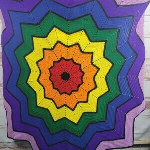 Handmade Crochet Rainbow Ripple Blanket Afghan 12 point star 76"